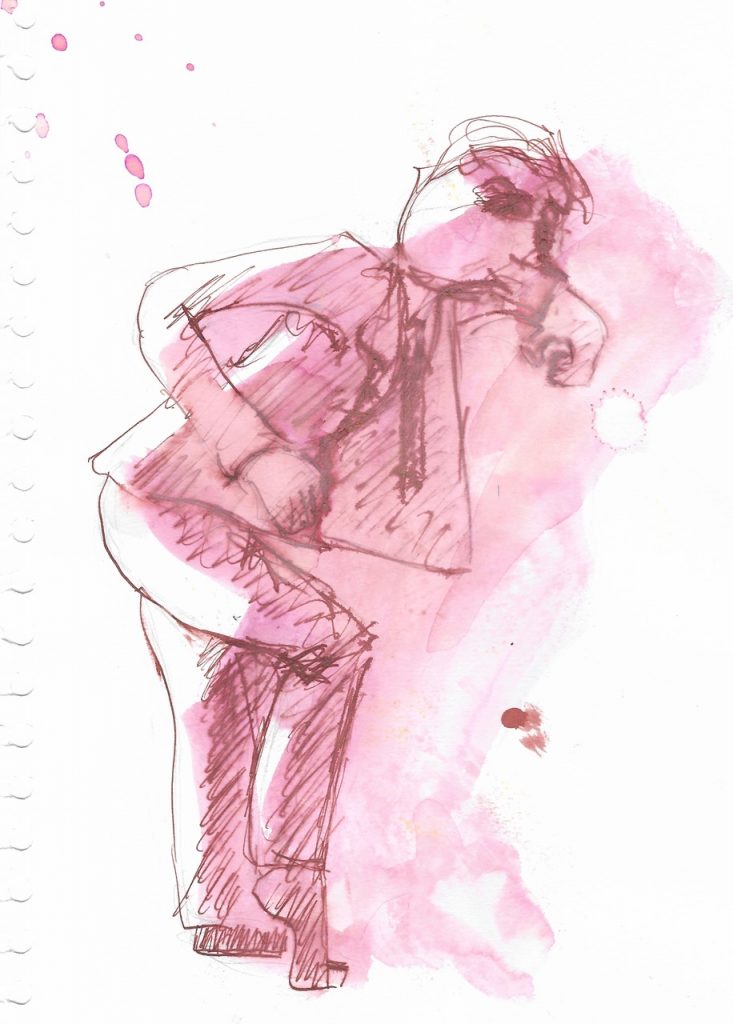 Let the dance begin Ink, pen and wash. 10 x 16 cms